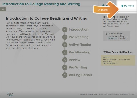 An arrow labeled My Journal points to the My Journal button in the upper right corner of the Unit Home Screen.